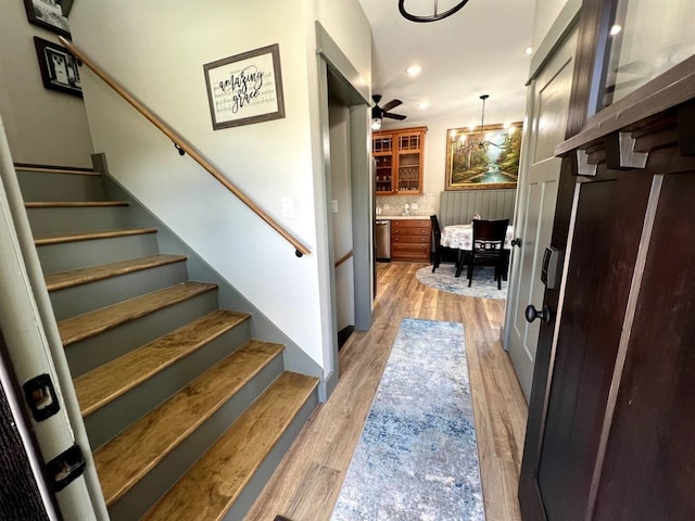 51 Yosemite Dr, Cherokee Village, AR 72529 - foyer entrance featuring stairway, light wood-style flooring, recessed lighting, and a ceiling fan