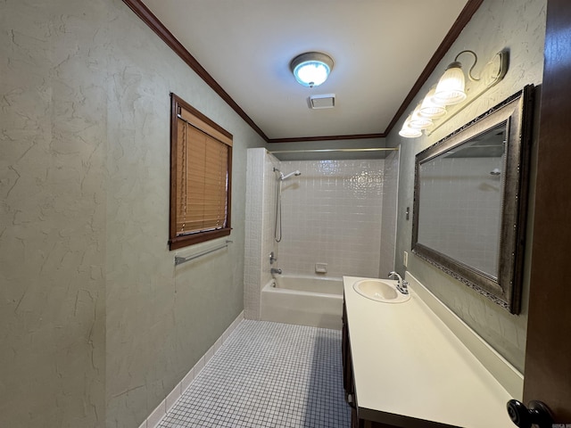 5901 Star Ln, Little Rock, AR 72223 - bathroom featuring ornamental molding, shower / bathtub combination, vanity, tile patterned flooring, and baseboards