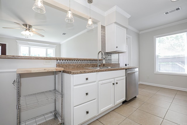 831 Jackman St, Benton, AR 72015 - kitchen with stainless steel dishwasher, a sink, ornamental molding, a ceiling fan, and white cabinets
