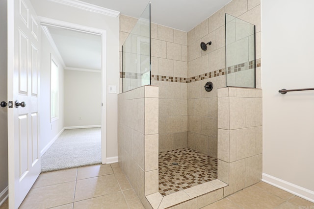 831 Jackman St, Benton, AR 72015 - bathroom featuring a walk in shower, baseboards, ornamental molding, and tile patterned flooring