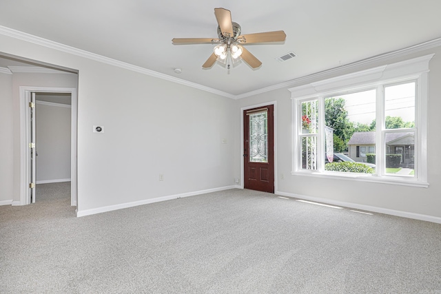 831 Jackman St, Benton, AR 72015 - entryway featuring light carpet, ornamental molding, baseboards, and a ceiling fan