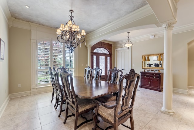 1606 Hilldale, Alexander, AR 72002 - dining space with decorative columns, a chandelier, ornamental molding, light tile patterned floors, and baseboards