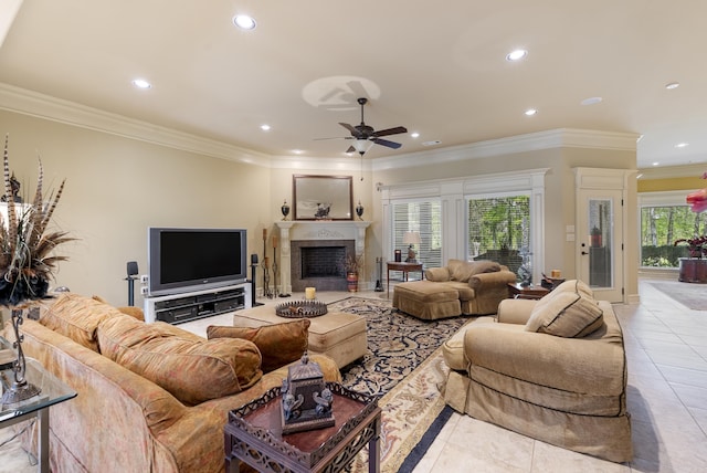 1606 Hilldale, Alexander, AR 72002 - living area with light tile patterned floors, ceiling fan, plenty of natural light, recessed lighting, and crown molding