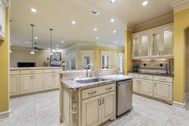 1606 Hilldale, Alexander, AR 72002 - kitchen with stainless steel dishwasher, a sink, a kitchen island with sink, backsplash, and crown molding