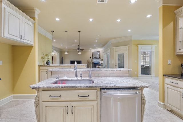 1606 Hilldale, Alexander, AR 72002 - kitchen featuring dishwasher, a sink, crown molding, ceiling fan, and a kitchen island with sink