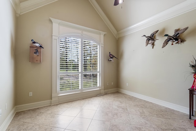 1606 Hilldale, Alexander, AR 72002 - spare room with plenty of natural light, vaulted ceiling, light tile patterned floors, a ceiling fan, and ornamental molding