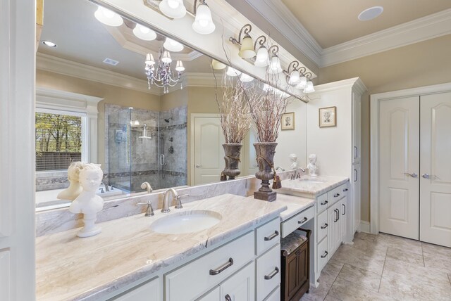 1606 Hilldale, Alexander, AR 72002 - bathroom featuring double vanity, crown molding, a stall shower, and a chandelier