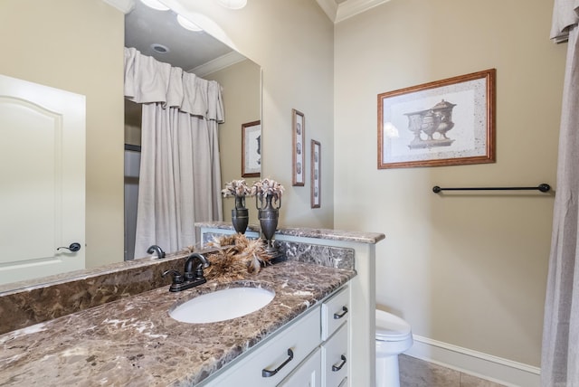 1606 Hilldale, Alexander, AR 72002 - bathroom with crown molding, toilet, vanity, baseboards, and tile patterned floors