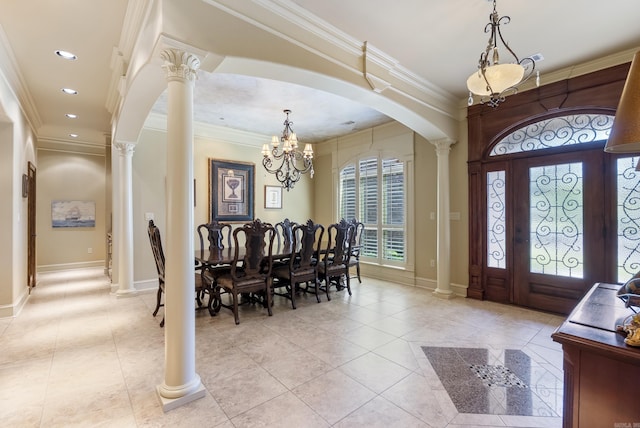 1606 Hilldale, Alexander, AR 72002 - foyer featuring light tile patterned floors, ornate columns, ornamental molding, a chandelier, and arched walkways