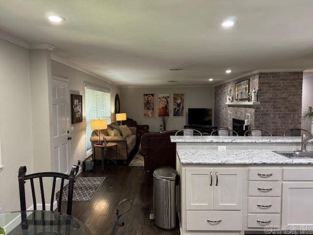 2012 Paula St, Pocahontas, AR 72455 - kitchen with open floor plan, a sink, dark wood-style floors, white cabinets, and ornamental molding