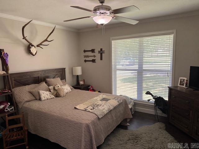 2012 Paula St, Pocahontas, AR 72455 - bedroom featuring crown molding, multiple windows, and a ceiling fan