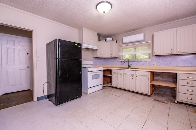 1411 Maple St, North Little Rock, AR 72114 - kitchen with white stove, freestanding refrigerator, a sink, under cabinet range hood, and open shelves