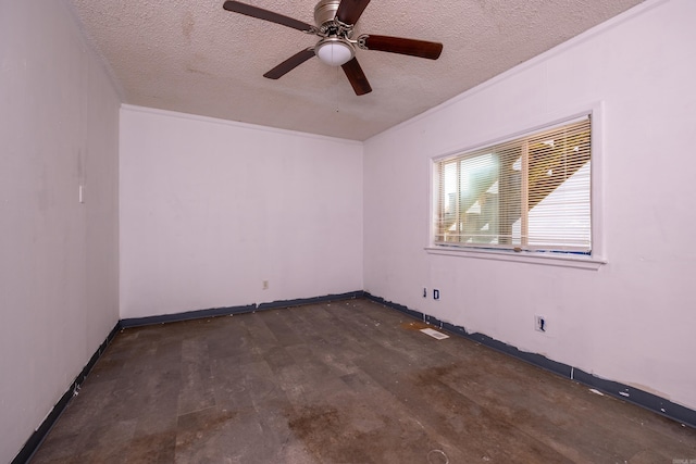 1411 Maple St, North Little Rock, AR 72114 - spare room featuring a textured ceiling, baseboards, ceiling fan, and ornamental molding