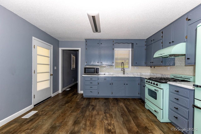 46 Hillcrest Rd, Mammoth Spring, AR 72554 - kitchen featuring gas range, a sink, under cabinet range hood, stainless steel microwave, and light countertops