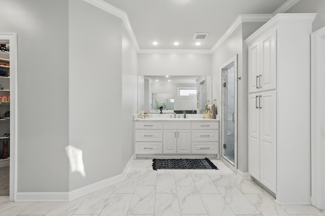 7429 Lake Point Cir, Benton, AR 72019 - full bathroom with crown molding, vanity, a shower stall, a spacious closet, and marble finish floors