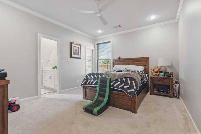 7429 Lake Point Cir, Benton, AR 72019 - bedroom featuring carpet flooring, ornamental molding, baseboards, a ceiling fan, and ensuite bath