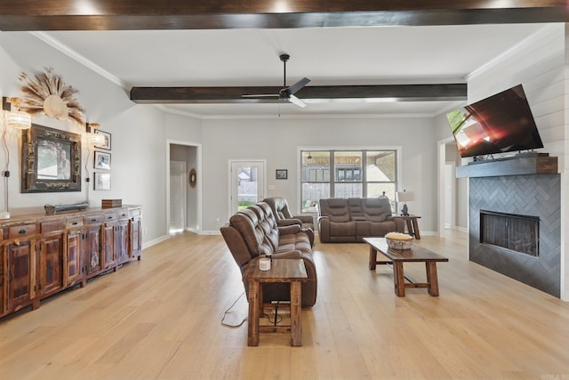 7429 Lake Point Cir, Benton, AR 72019 - living room featuring a fireplace, light wood-style flooring, a ceiling fan, beam ceiling, and baseboards