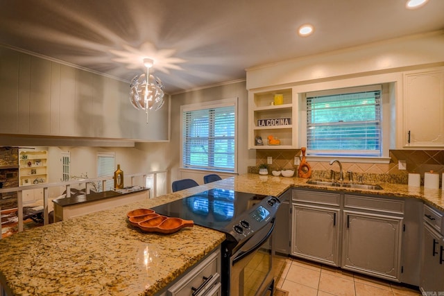 2318 Breckenridge Dr, Little Rock, AR 72227 - kitchen with a sink, black / electric stove, light tile patterned floors, crown molding, and decorative backsplash