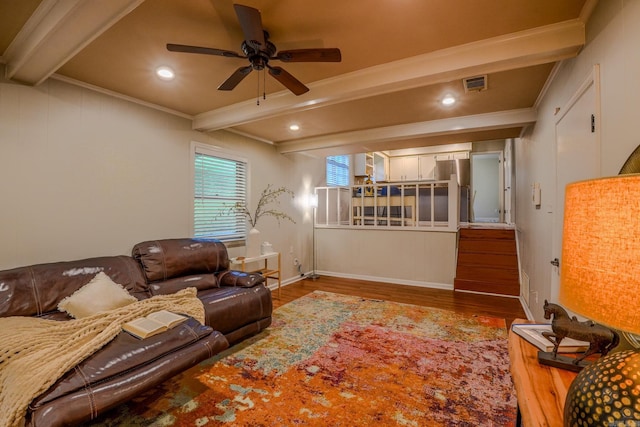 2318 Breckenridge Dr, Little Rock, AR 72227 - living room with beam ceiling, wood finished floors, recessed lighting, baseboards, and ceiling fan
