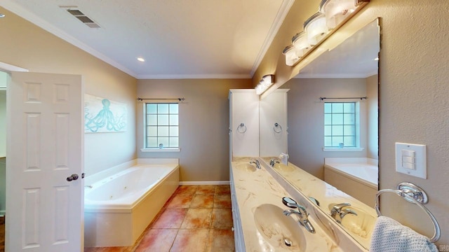 3805 Irby Dr, Conway, AR 72034 - full bath with a garden tub, double vanity, tile patterned floors, and ornamental molding