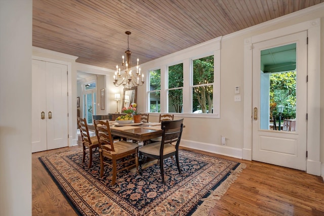 dining room featuring ornamental molding, a chandelier, wood ceiling, wood finished floors, and baseboards
