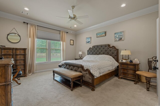 bedroom with light carpet, crown molding, baseboards, a ceiling fan, and recessed lighting