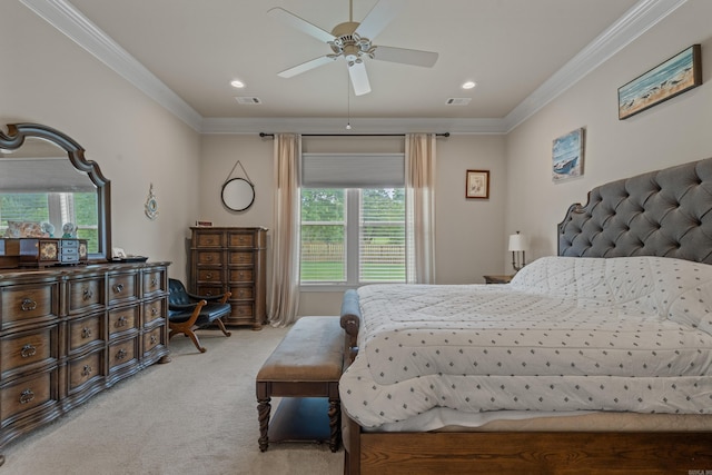 bedroom featuring light colored carpet, crown molding, recessed lighting, and ceiling fan