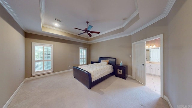 4335 Gazebo Dr, Conway, AR 72034 - bedroom featuring a raised ceiling, crown molding, light carpet, baseboards, and ensuite bath