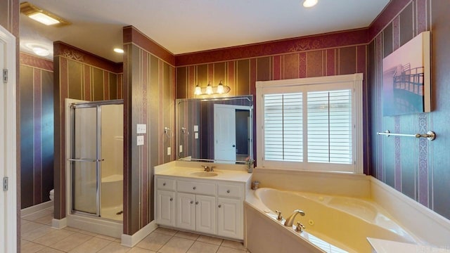 4335 Gazebo Dr, Conway, AR 72034 - full bath featuring a jetted tub, vanity, tile patterned floors, a shower stall, and wallpapered walls