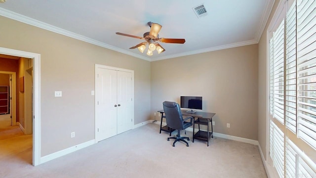 4335 Gazebo Dr, Conway, AR 72034 - office featuring light colored carpet, baseboards, ceiling fan, and crown molding