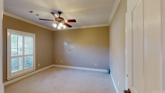 4335 Gazebo Dr, Conway, AR 72034 - empty room featuring ornamental molding, a ceiling fan, baseboards, and light carpet