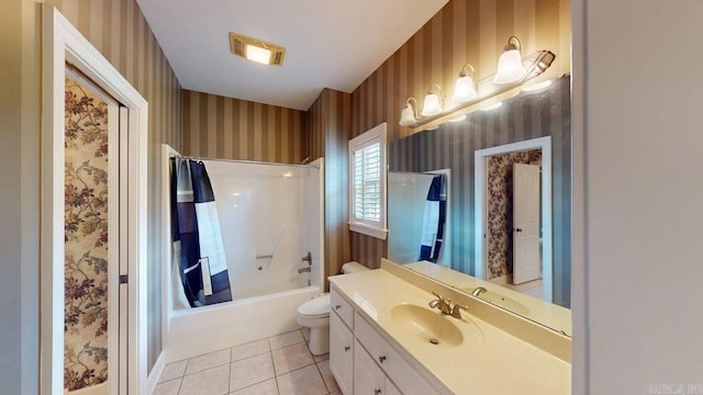 4335 Gazebo Dr, Conway, AR 72034 - bathroom with wallpapered walls, vanity, toilet, shower / bathtub combination, and tile patterned flooring