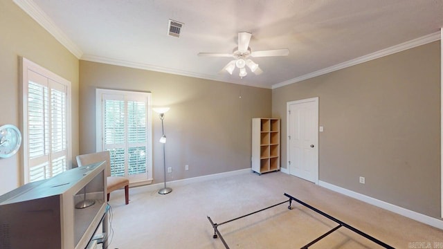 4335 Gazebo Dr, Conway, AR 72034 - carpeted bedroom with crown molding, baseboards, ceiling fan, and a desk