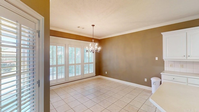 4335 Gazebo Dr, Conway, AR 72034 - unfurnished dining area with a chandelier, light tile patterned floors, baseboards, and ornamental molding