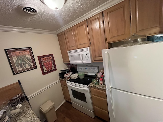 135 Hillview Dr Unit 115, Fairfield Bay, AR 72088 - kitchen featuring white appliances, dark wood-type flooring, a textured ceiling, crown molding, and brown cabinetry