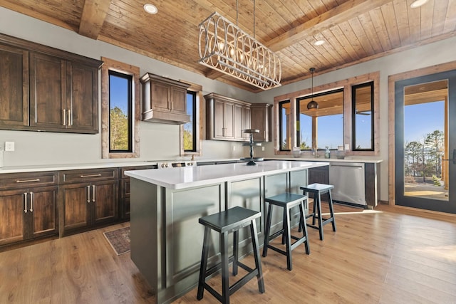2634 Tannenbaum, Drasco, AR 72530 - kitchen featuring dishwasher, wood ceiling with exposed beams, a kitchen island, plenty of natural light, and a kitchen breakfast bar