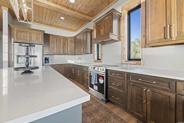 2634 Tannenbaum, Drasco, AR 72530 - kitchen with appliances with stainless steel finishes, wooden ceiling with exposed beams, dark wood-style floors, light countertops, and recessed lighting