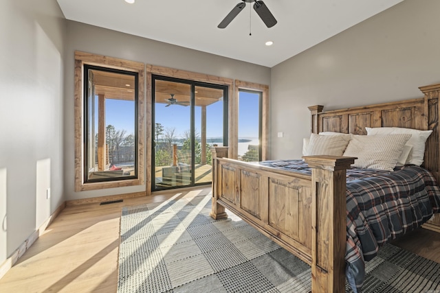 2634 Tannenbaum, Drasco, AR 72530 - bedroom featuring access to outside, light wood finished floors, baseboards, recessed lighting, and a ceiling fan
