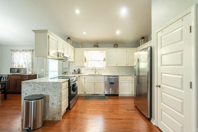 1244 N Scenic Dr, Heber Springs, AR 72543 - kitchen featuring stainless steel appliances, a sink, light stone countertops, dark wood-style flooring, and white cabinets