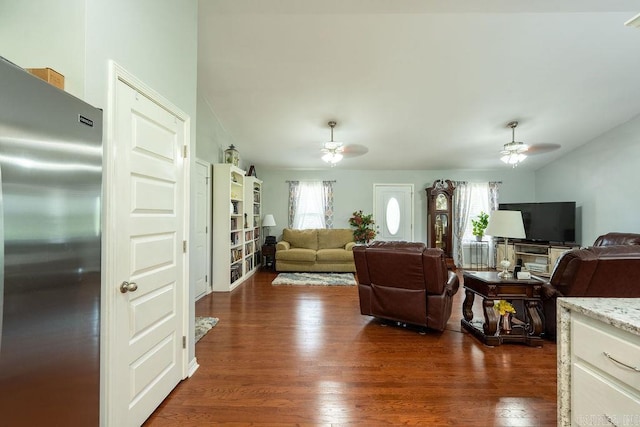 1244 N Scenic Dr, Heber Springs, AR 72543 - living area featuring a ceiling fan, plenty of natural light, dark wood-type flooring, and lofted ceiling