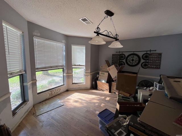 dining space featuring plenty of natural light, a textured ceiling, and wood finished floors
