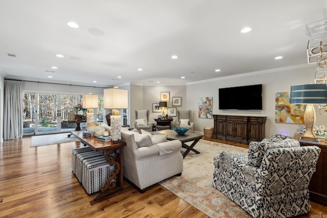 13200 Bart Moreland Dr, Roland, AR 72135 - living area featuring ornamental molding, light wood-style floors, and recessed lighting