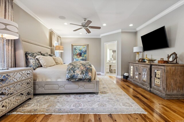 13200 Bart Moreland Dr, Roland, AR 72135 - bedroom featuring recessed lighting, wood finished floors, ornamental molding, baseboards, and ensuite bathroom