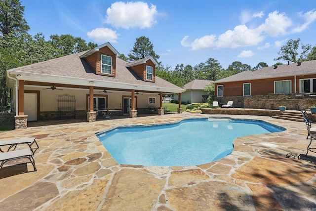 13200 Bart Moreland Dr, Roland, AR 72135 - outdoor pool with a ceiling fan and a patio