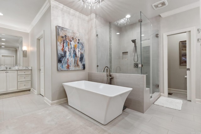 13200 Bart Moreland Dr, Roland, AR 72135 - full bath featuring crown molding, a shower stall, vanity, a freestanding bath, and baseboards