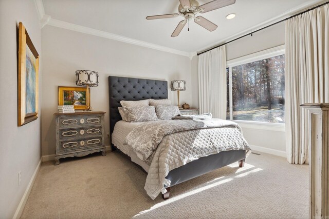 13200 Bart Moreland Dr, Roland, AR 72135 - bedroom featuring baseboards, light colored carpet, crown molding, a ceiling fan, and recessed lighting