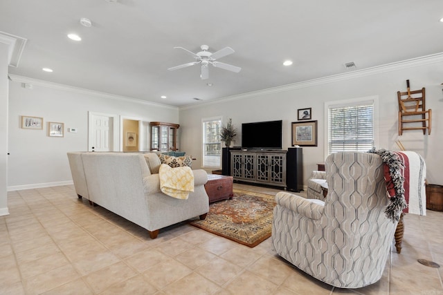 13200 Bart Moreland Dr, Roland, AR 72135 - living room featuring ceiling fan, crown molding, recessed lighting, baseboards, and light tile patterned floors