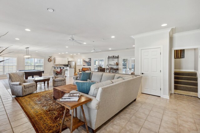 13200 Bart Moreland Dr, Roland, AR 72135 - living area featuring ornamental molding, recessed lighting, stairs, billiards table, and a ceiling fan