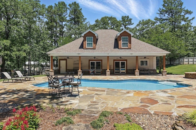 13200 Bart Moreland Dr, Roland, AR 72135 - view of swimming pool featuring ceiling fan, french doors, and a patio area