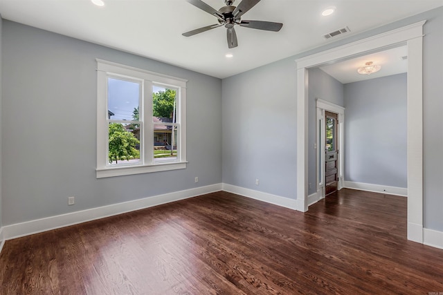 1908 S Gaines St, Little Rock, AR 72206 - empty room featuring a ceiling fan, dark wood-style floors, baseboards, and recessed lighting